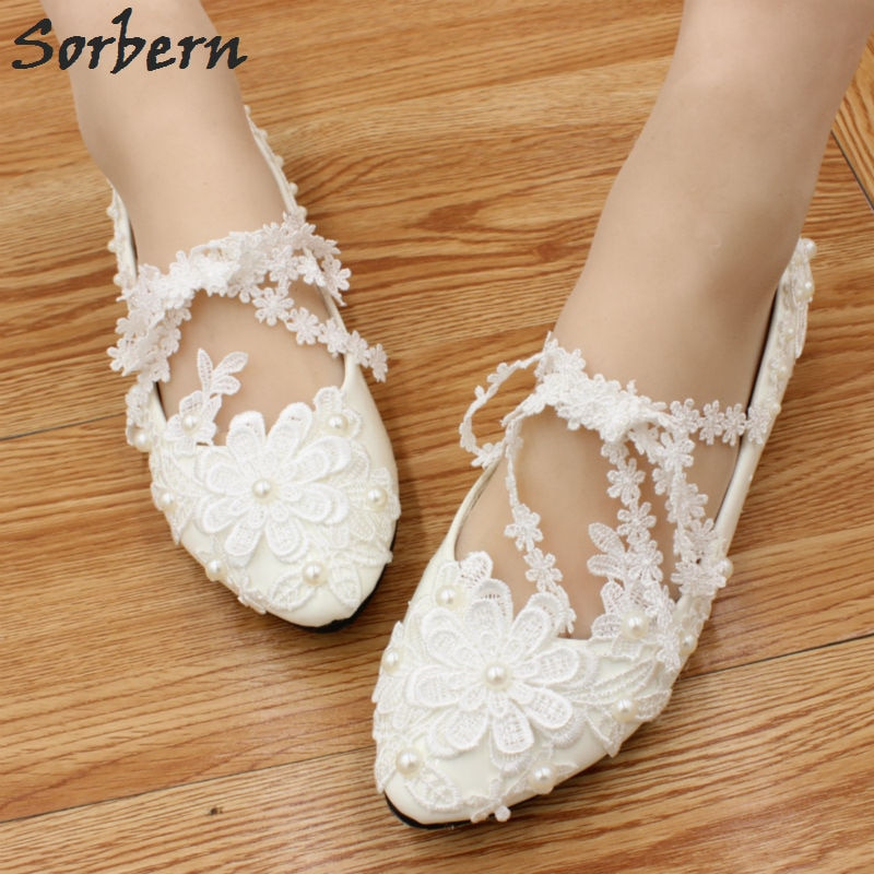 Flat Lace Wedding Shoes
 Sorbern Handmade Flat Wedding Party Shoes White Lace