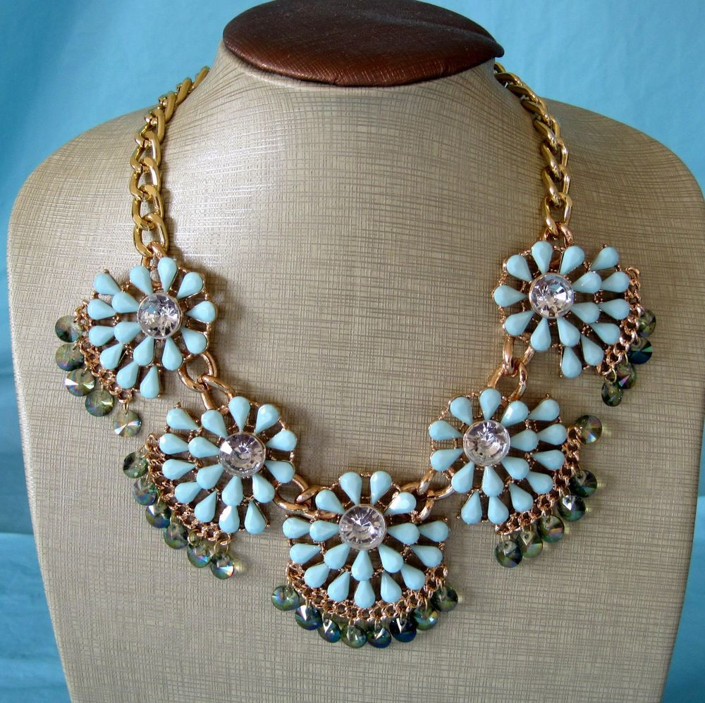 Flower Statement Necklace
 Statement Necklace Floral Flower Chunky Gold Tone Blue