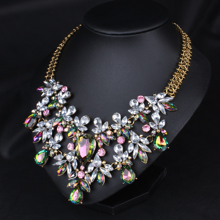 Flower Statement Necklace
 Elegant Luxury Women Chunky Chain Colorful Crystal Flower