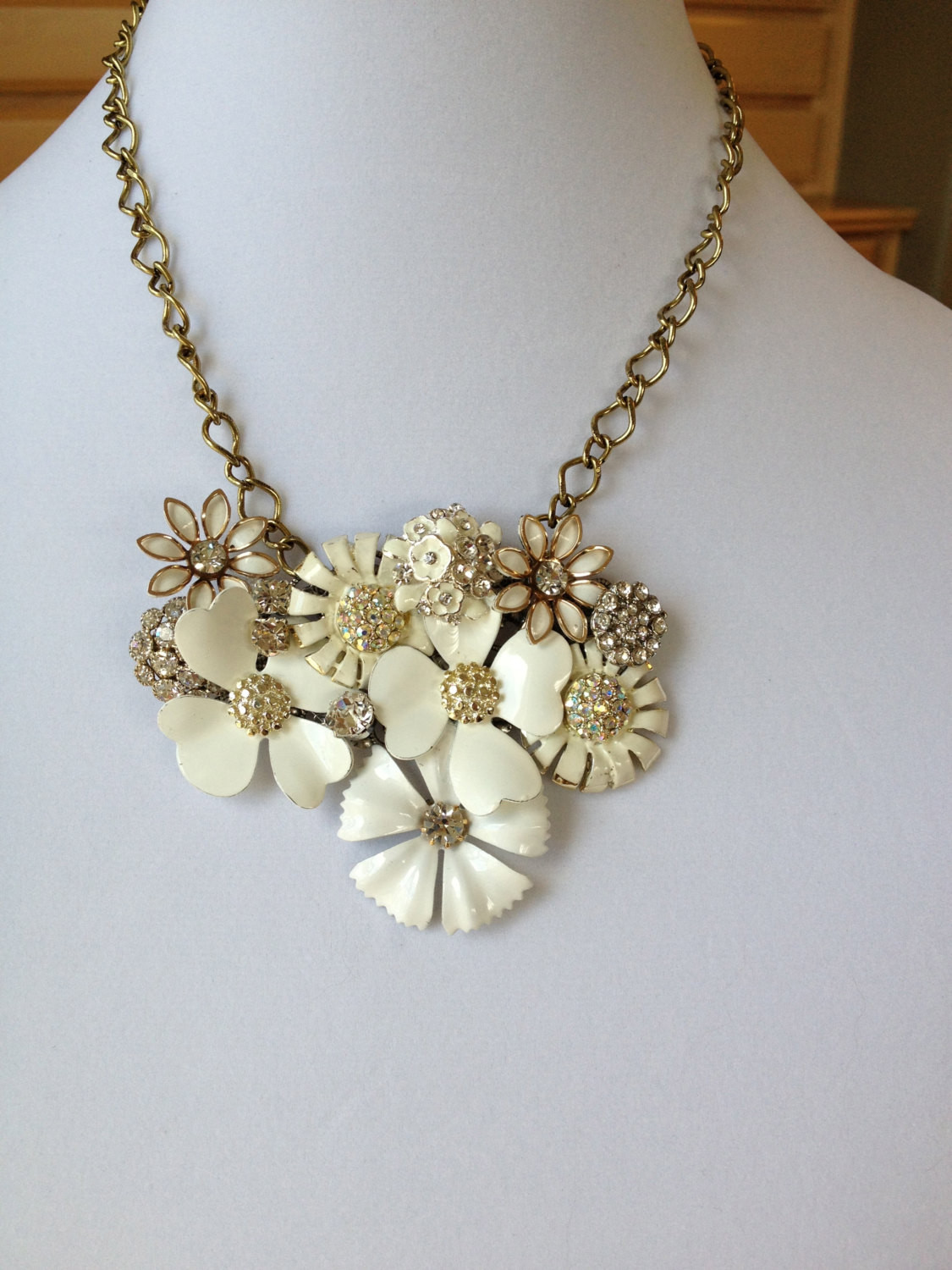 Flower Statement Necklace
 White flower statement necklace bib necklace repurposed