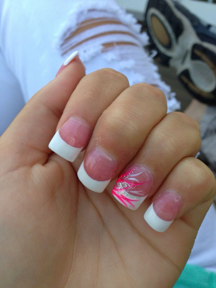 French Acrylic Nail Designs
 Pink and white tips with pink accent nail