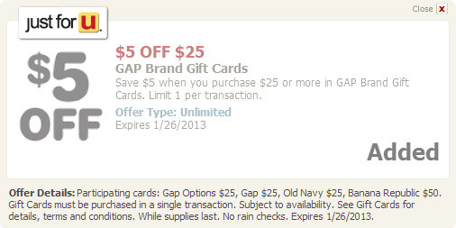 Gap Kids Gift Cards
 $5 off $25 GAP Gift Card in Vons Just4U Coupon Center