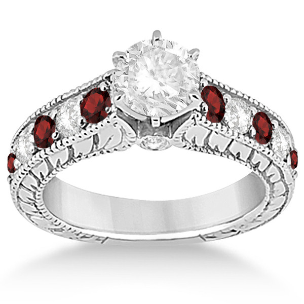 Garnet Wedding Rings
 Antique Diamond & Garnet Bridal Wedding Ring Set 14k White