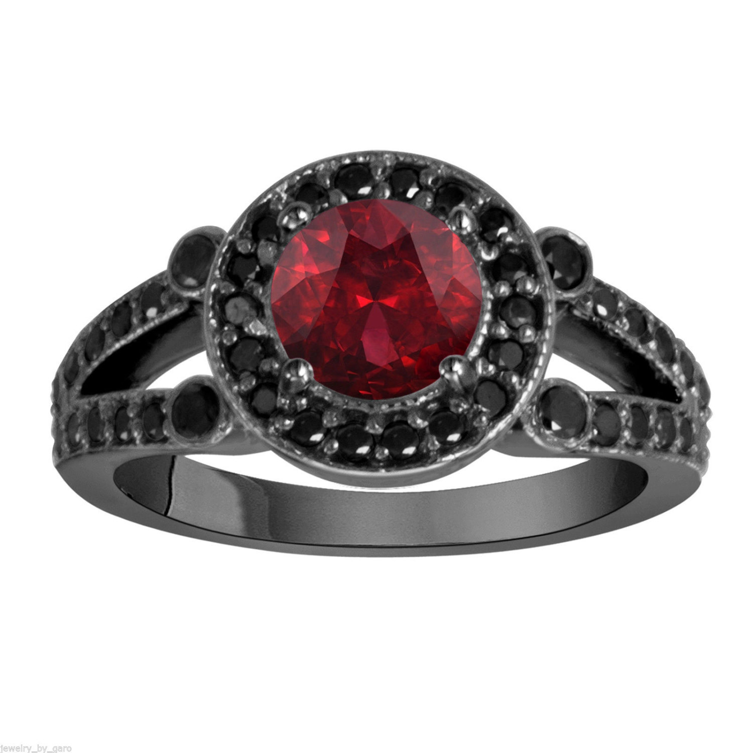 Garnet Wedding Rings
 Garnet & Black Diamond Engagement Ring Wedding Ring Vintage