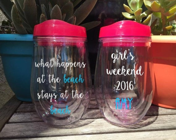 Girls Trip Gift Ideas
 Items similar to What Happens at the Beach Wine Glass