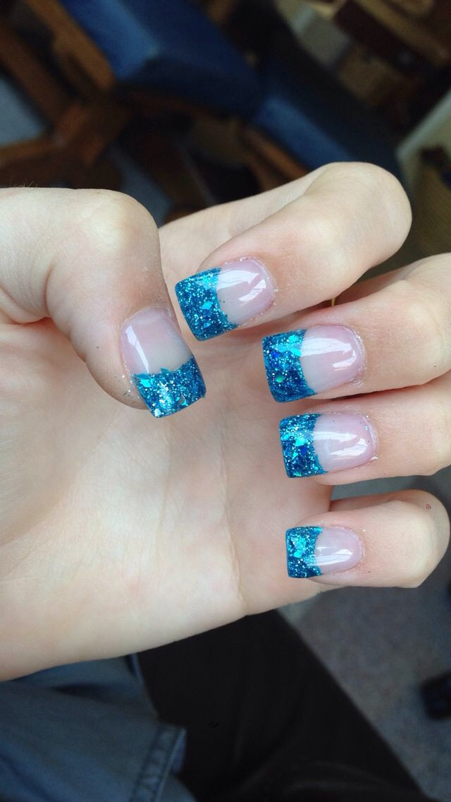 Glitter French Tip Acrylic Nails
 Blue sparkly French tip acrylic nails