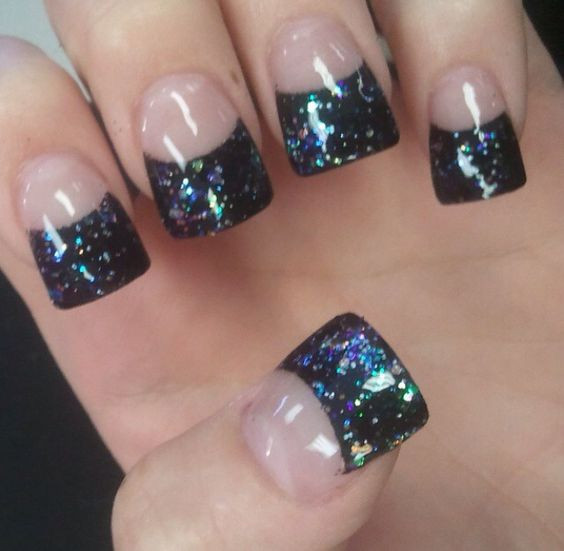 Glitter French Tip Acrylic Nails
 Black with sparkly glitter acrylic French tips nails