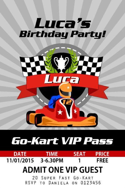 Go Kart Birthday Party
 Go Kart VIP Pass Birthday party invitation VIP by