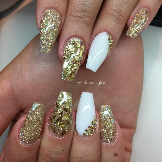 Gold Glitter Acrylic Nails
 Gold Glitter Gold Flakes White Coffin Nails nail
