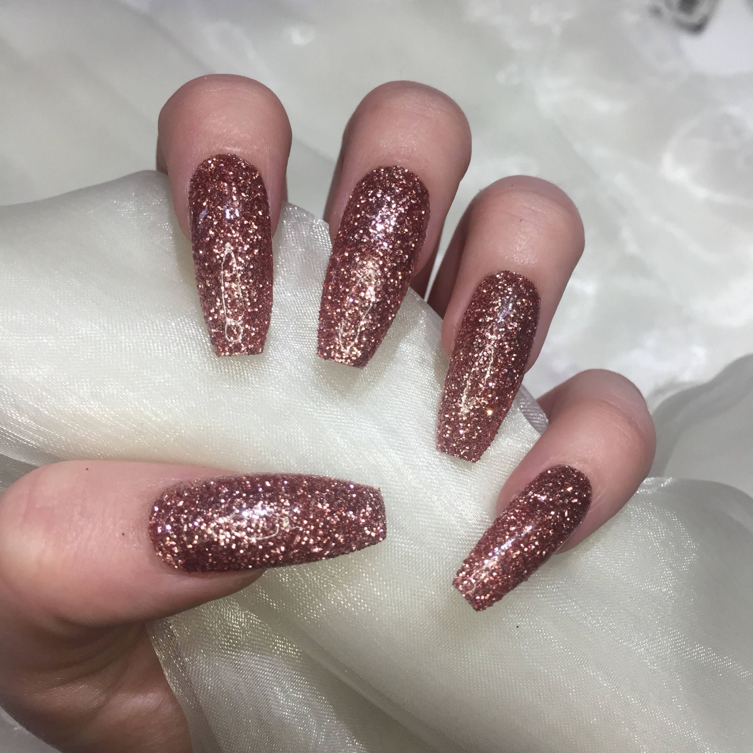Gold Glitter Acrylic Nails
 Extra Long Coffin Rose Gold Glitter Coffin False Nails