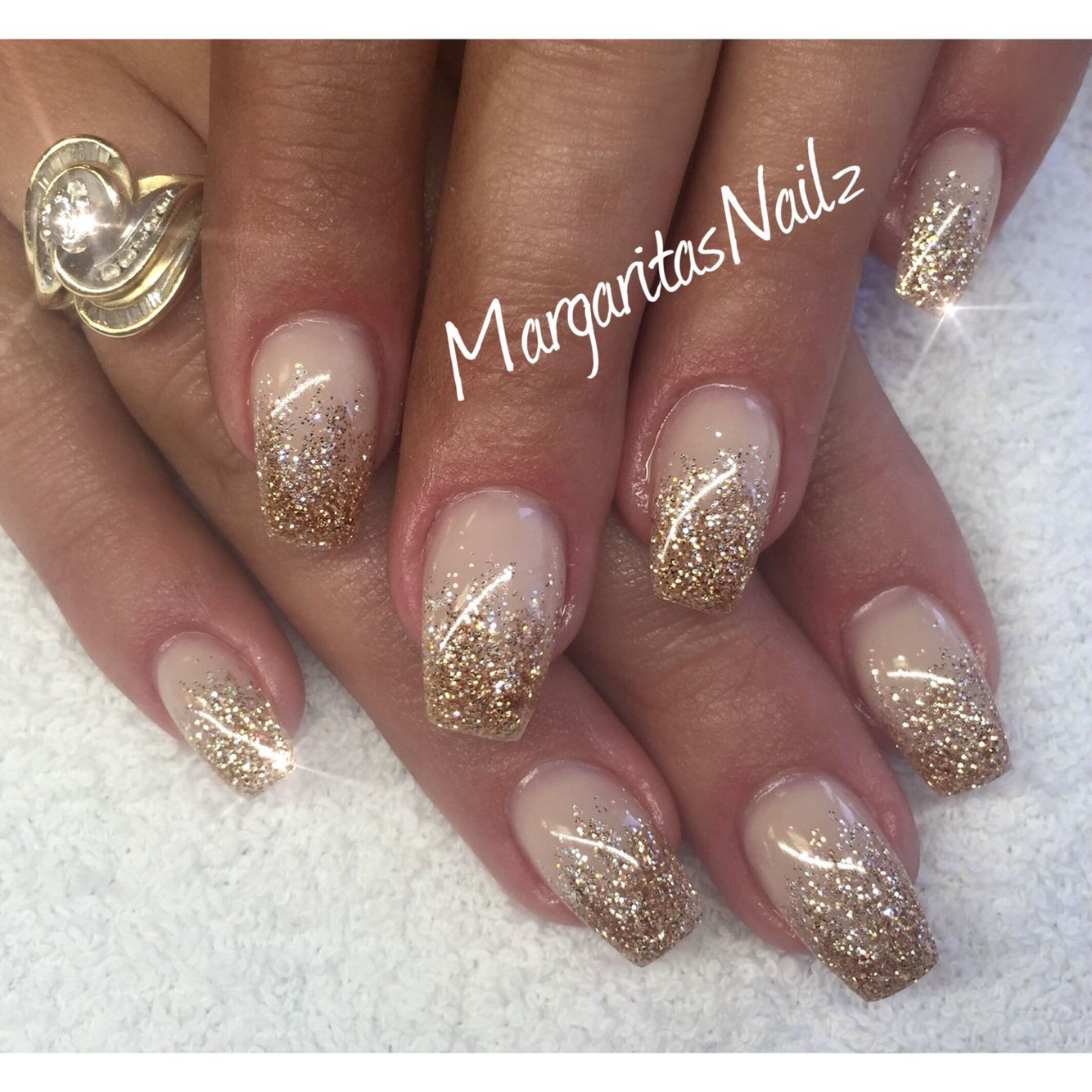 Gold Glitter Acrylic Nails
 Gold glitter ombre nails