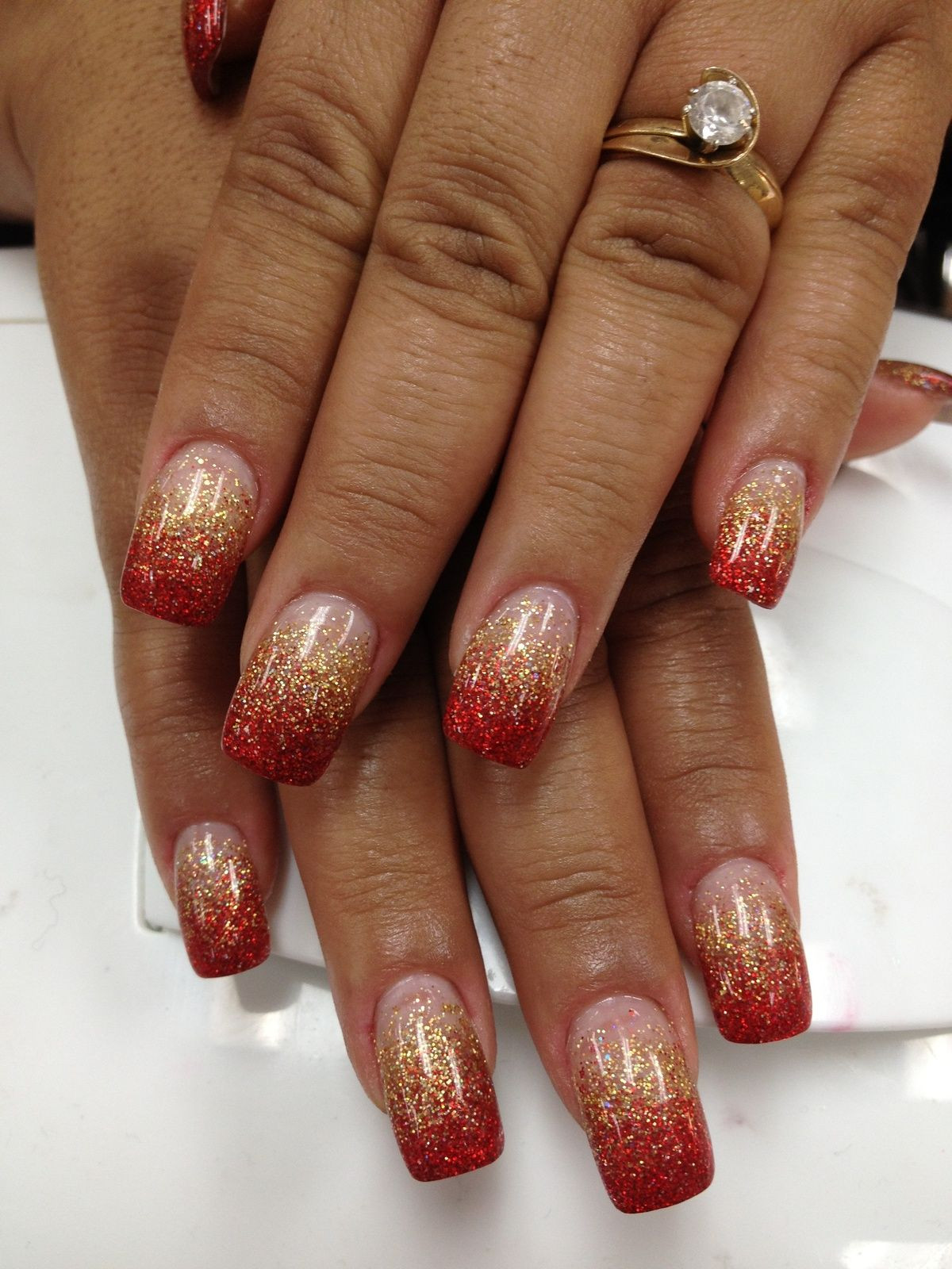 Gold Glitter Acrylic Nails
 Red and gold