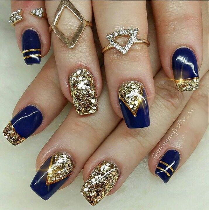 Gold Nail Designs For Acrylic Nails
 Blue and gold glitter acrylic nails in 2019