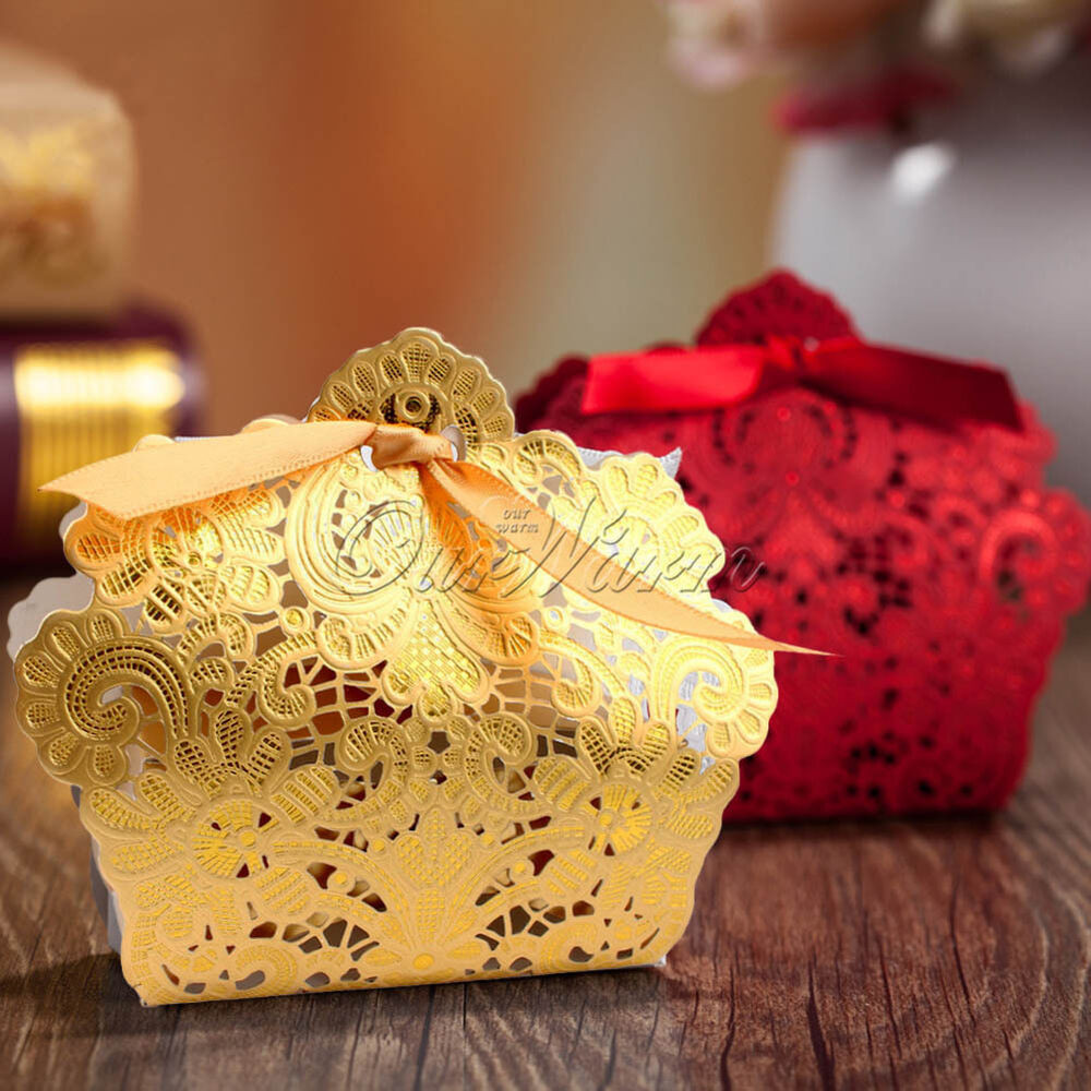Gold Wedding Favors
 Gold Red Wedding Favor Box Gift Bags Rose Laser Cut Hollow
