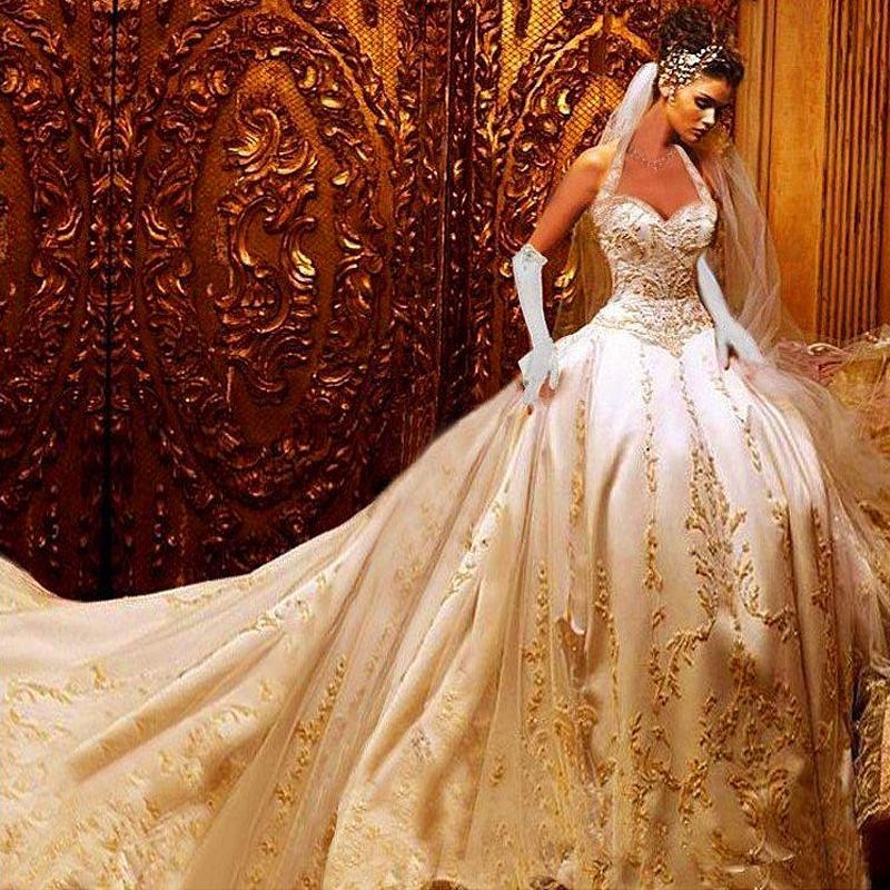 Gold Wedding Gown
 2015 Luxury Ball Gown Wedding Dresses Halter Cathedral