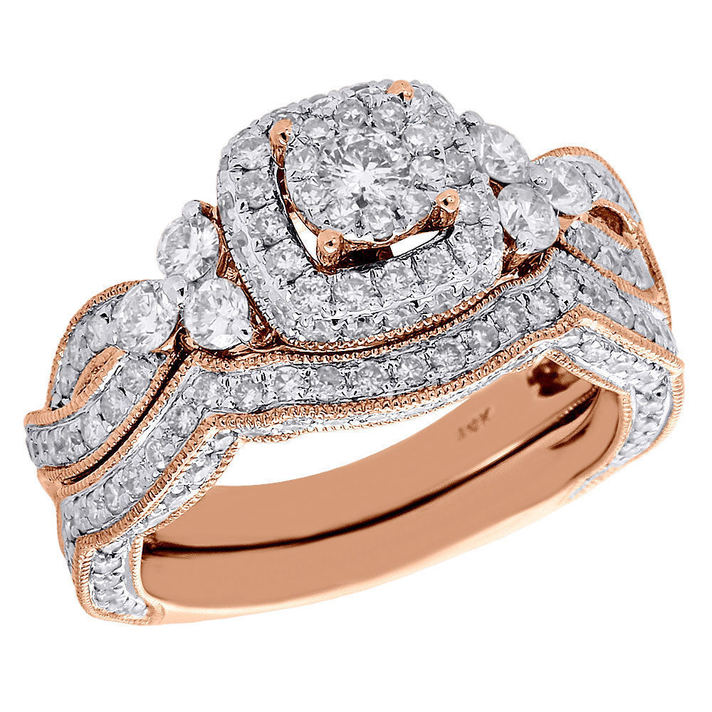 Gold Wedding Ring Sets
 14K Rose Gold Round Cut Diamond Wedding Bridal Set Antique