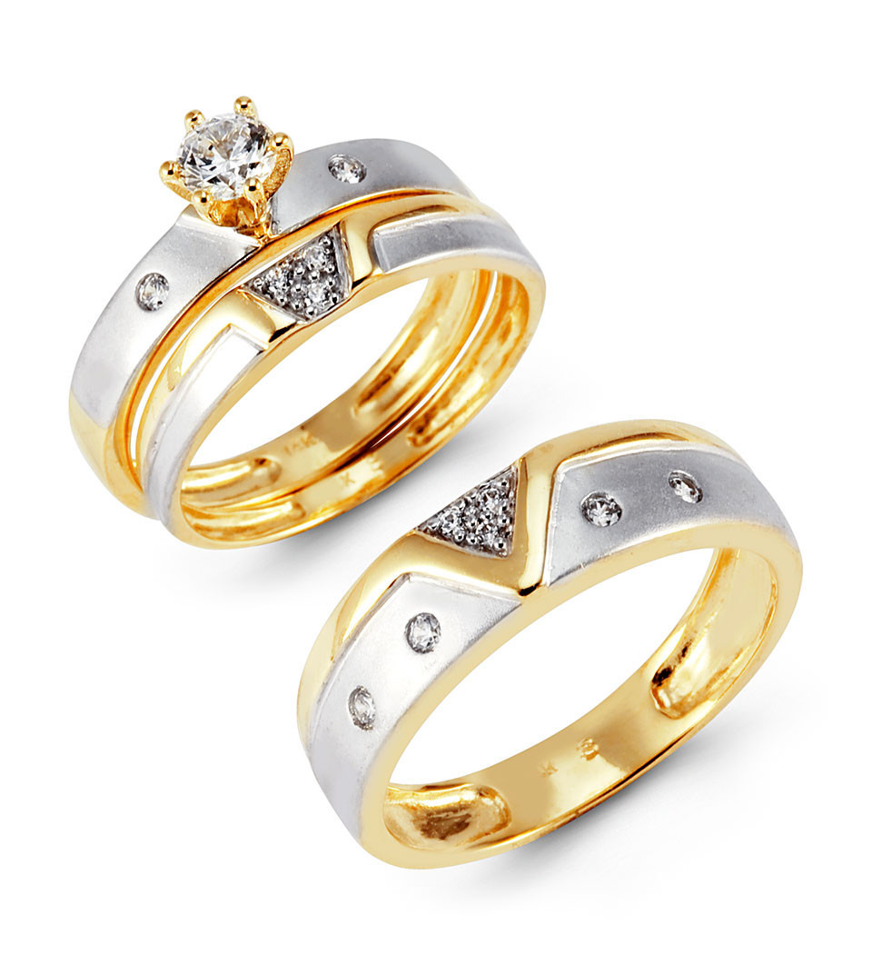 Gold Wedding Ring Sets
 Two Tone 14k Gold CZ Cluster Solitaire Wedding Ring Set