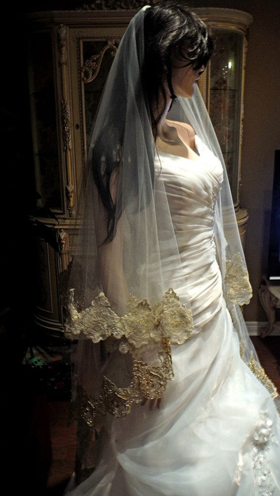 Gold Wedding Veil
 Gold lace wedding veil beaded wedding veil 2 tier by