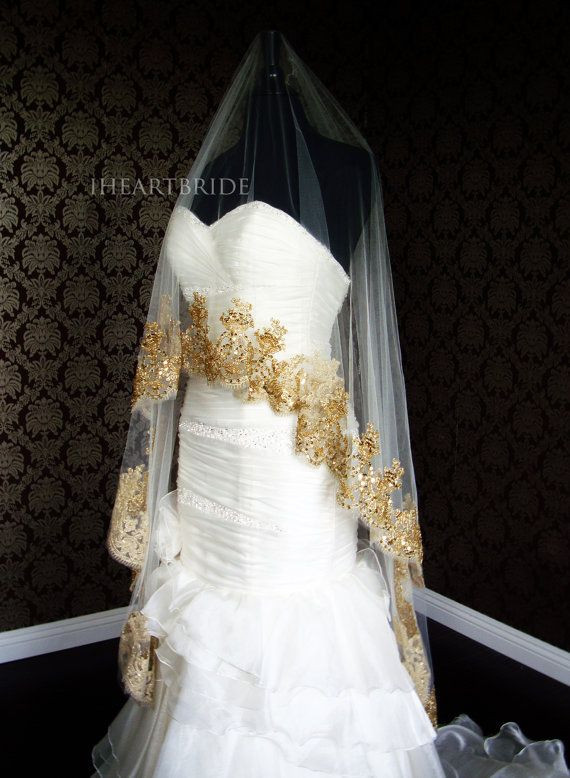 Gold Wedding Veil
 Luxury Gold Lace Bridal Veil Beaded Gold Lace Drop Circle