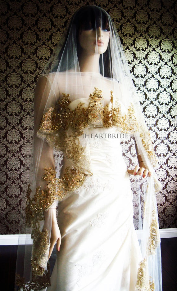 Gold Wedding Veils
 Luxury Gold Lace Bridal Veil Beaded Gold Lace Drop by