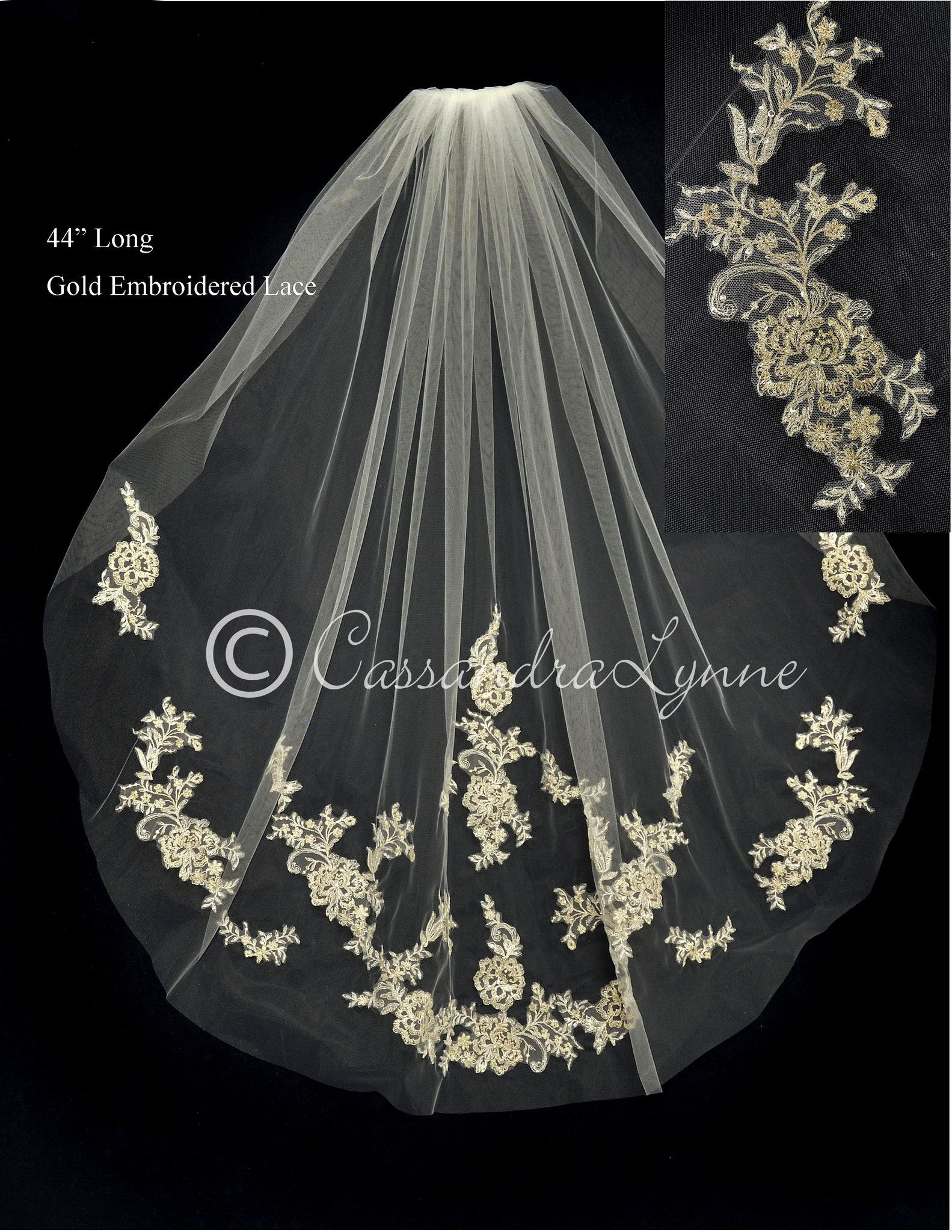 Gold Wedding Veils
 Gold Lace Wedding Veil with Rhinestones and Beads Knee