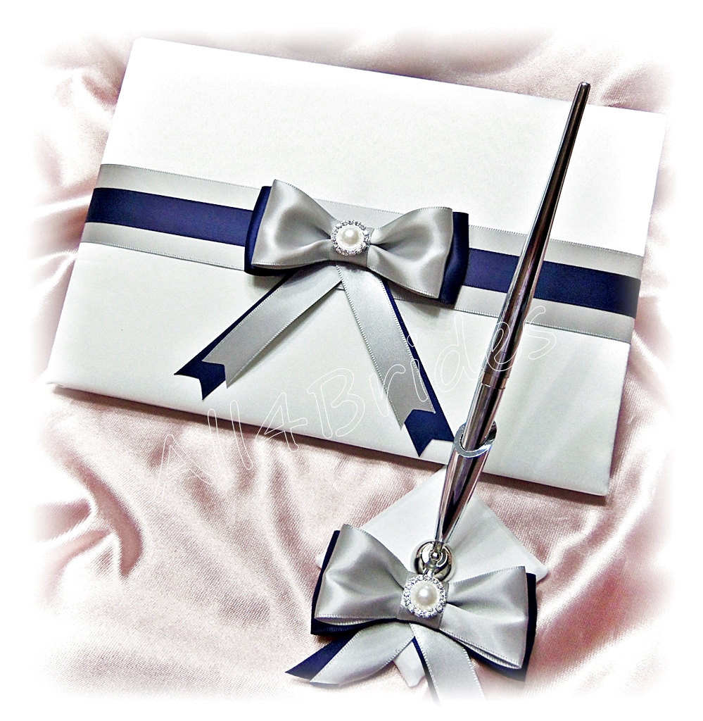 Gray Wedding Guest Book
 Wedding Guest Book and pen set Navy Blue and Silver Grey