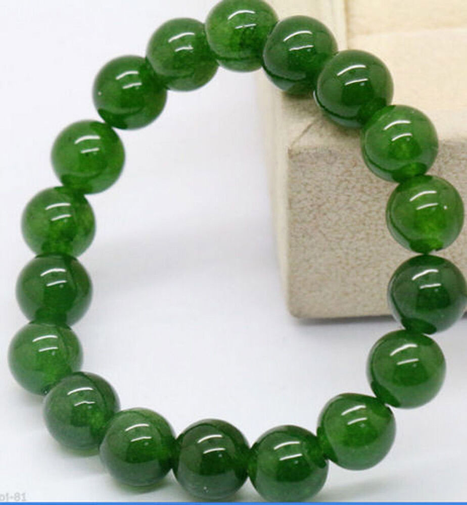 Green Jade Bracelet
 Natural 10mm Dark Green Jade Round Gemstone Beads Stretchy