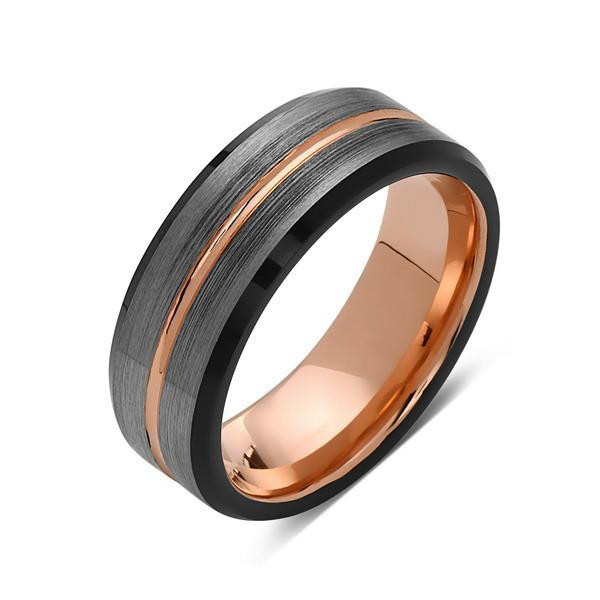 Grey Tungsten Wedding Bands
 Rose Gold Tungsten Wedding Band Gray and Black Brushed