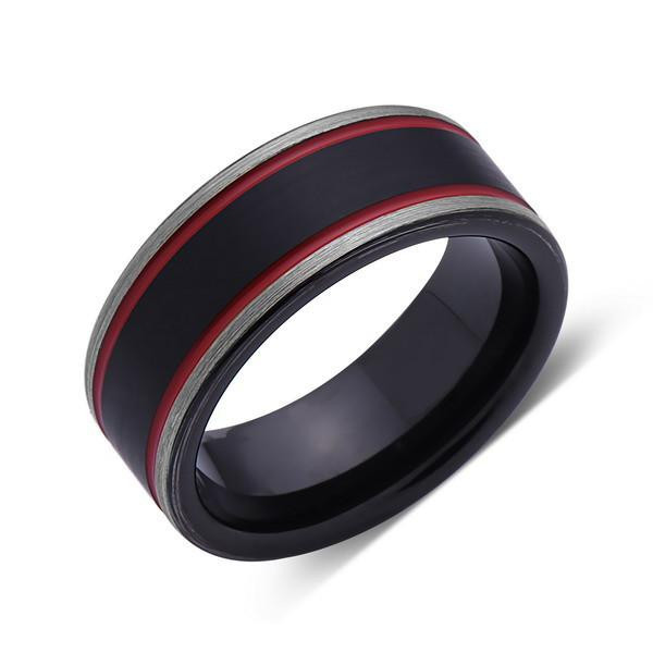 Grey Tungsten Wedding Bands
 Black and Red Brushed Tungsten Ring Gray Tungsten