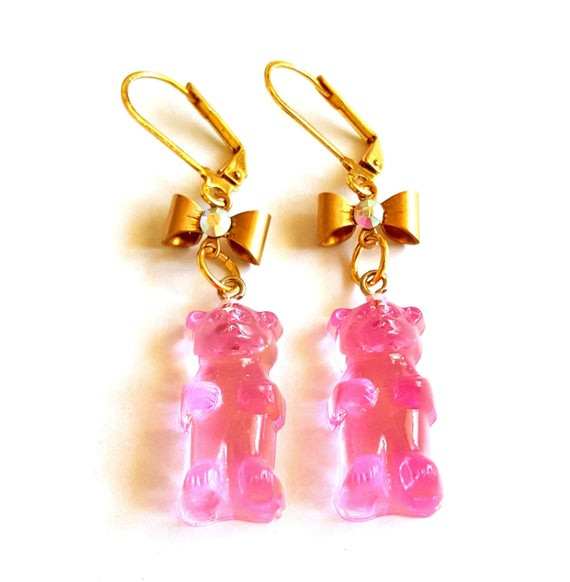 Gummy Bear Earrings
 Pink Gummy Bear Earrings Lucite Gummy Candy Earrings Gold Bow