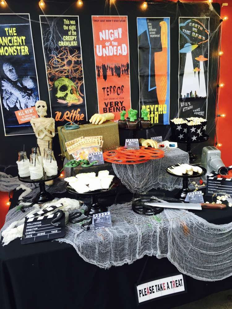 Halloween Movie Party Ideas
 Dessert table at a vintage horror movie Halloween party