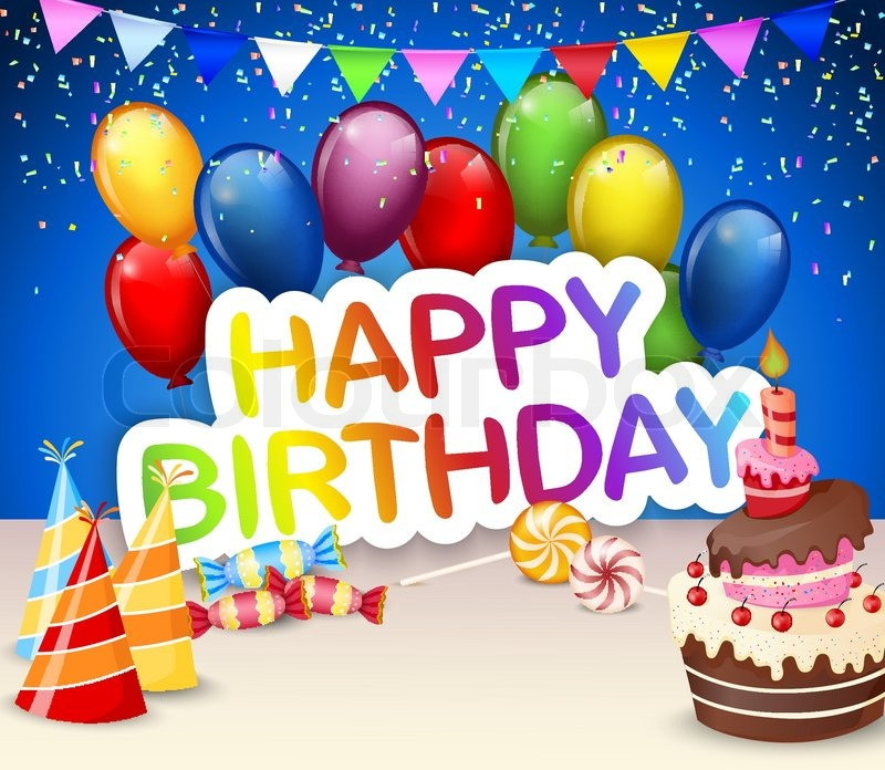 Happy Birthday Cake And Balloons
 Vector illustration of Birthday background with cartoon