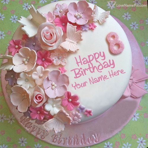 Happy Birthday Cakes With Name
 Butterfly Roses Decorated 8th Birthday Cake With Name