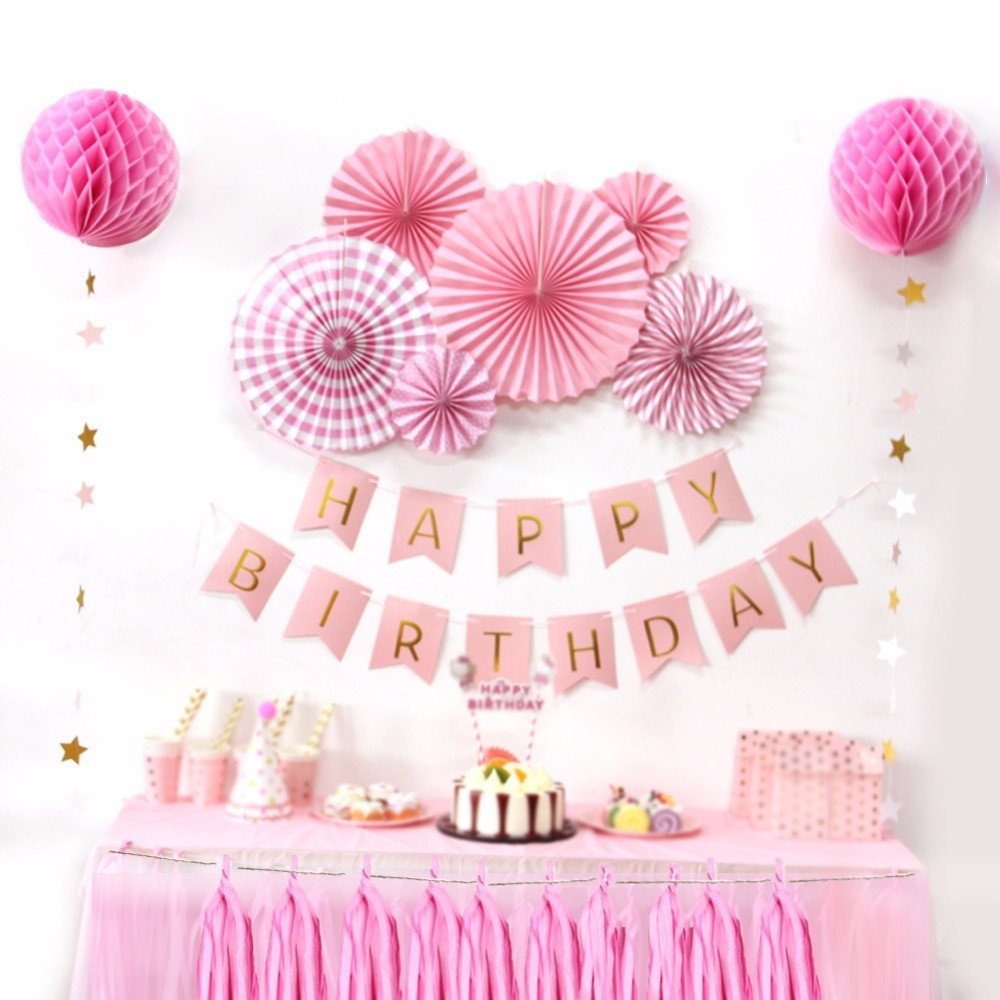 Happy Birthday Decoration
 Sunbeauty A Set Pink Theme Happy Birthday Decoration DIY