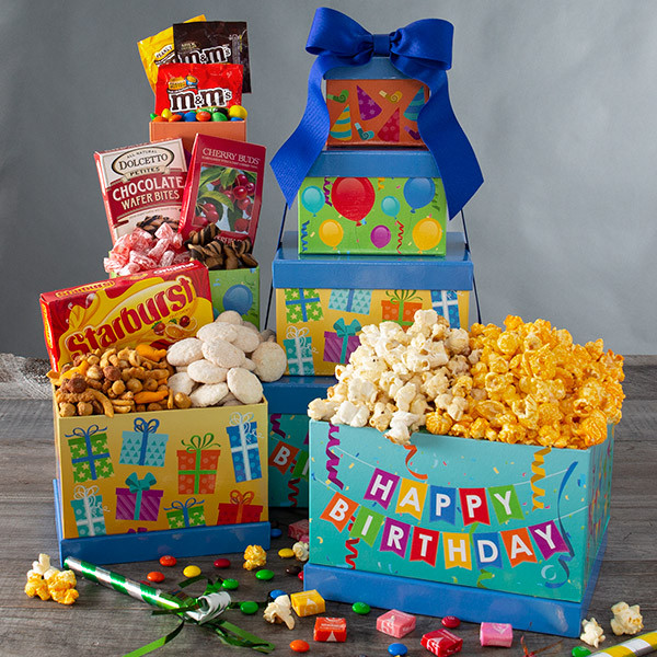 Happy Birthday Gift Baskets
 Happy Birthday Gift Tower by GourmetGiftBaskets