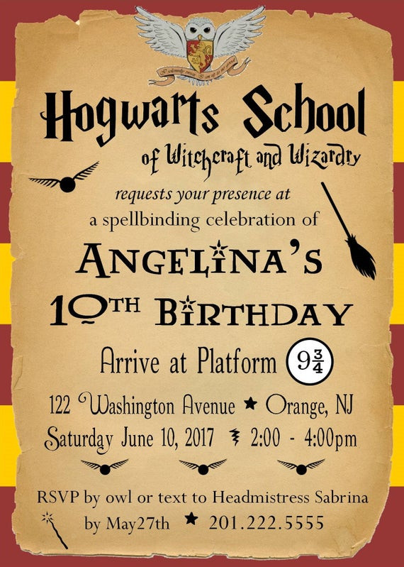 Harry Potter Birthday Invitation
 Harry Potter Birthday Party Invitation Customized