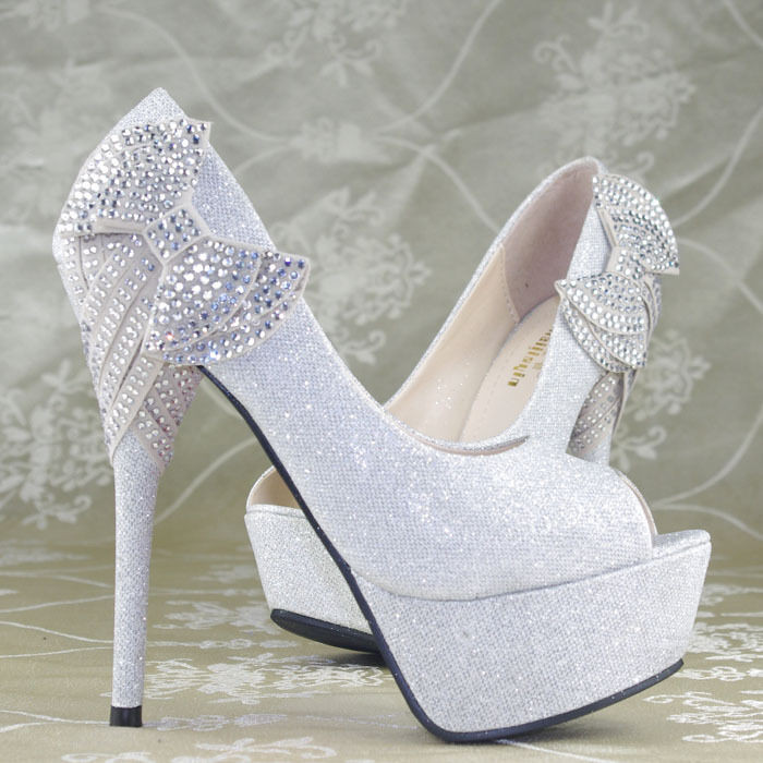 High Heel Wedding Shoes
 Shimmer Silver Crystal Bows Platform High Heels Princess