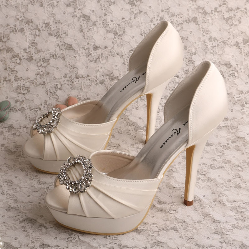 High Heel Wedding Shoes
 Wedopus MW555 Women Platform Peep Toe Ivory Satin Wedding