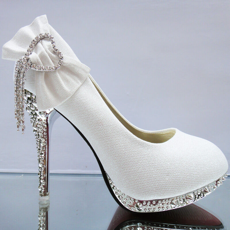 High Heel Wedding Shoes
 Lace white ivory crystal Wedding shoes Bridal flats low