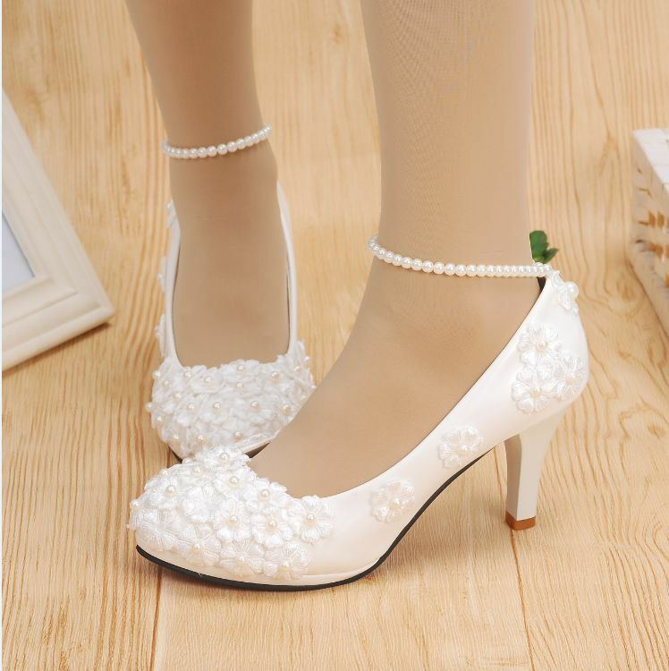 High Heel Wedding Shoes
 HOT White lace Wedding shoes pearls ankle trap Bridal