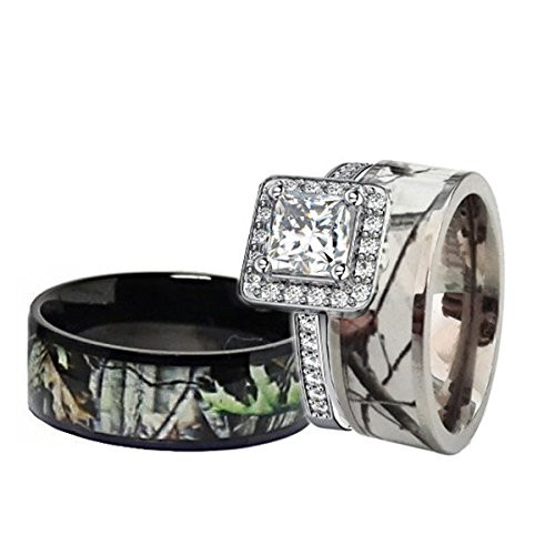 His And Her Camo Wedding Ring Sets
 His & Hers Black & White Titanium Camo Sterling Silver