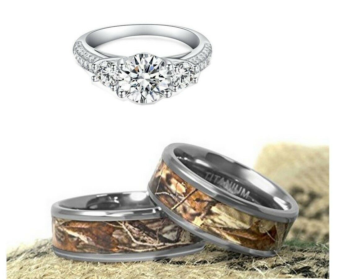 His And Her Camo Wedding Ring Sets
 HIS AND HER TITANIUM CAMO BROWN CZ WEDDING ENGAGEMENT RING
