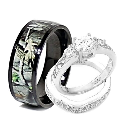 His And Her Camo Wedding Ring Sets
 His and Hers 3pcs Titanium Camo 925 STERLING SILVER
