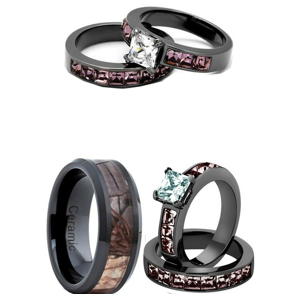 His And Her Camo Wedding Ring Sets
 HIS CERAMIC CAMO 8MM AND HER PINK CZ STAINLESS STEEL