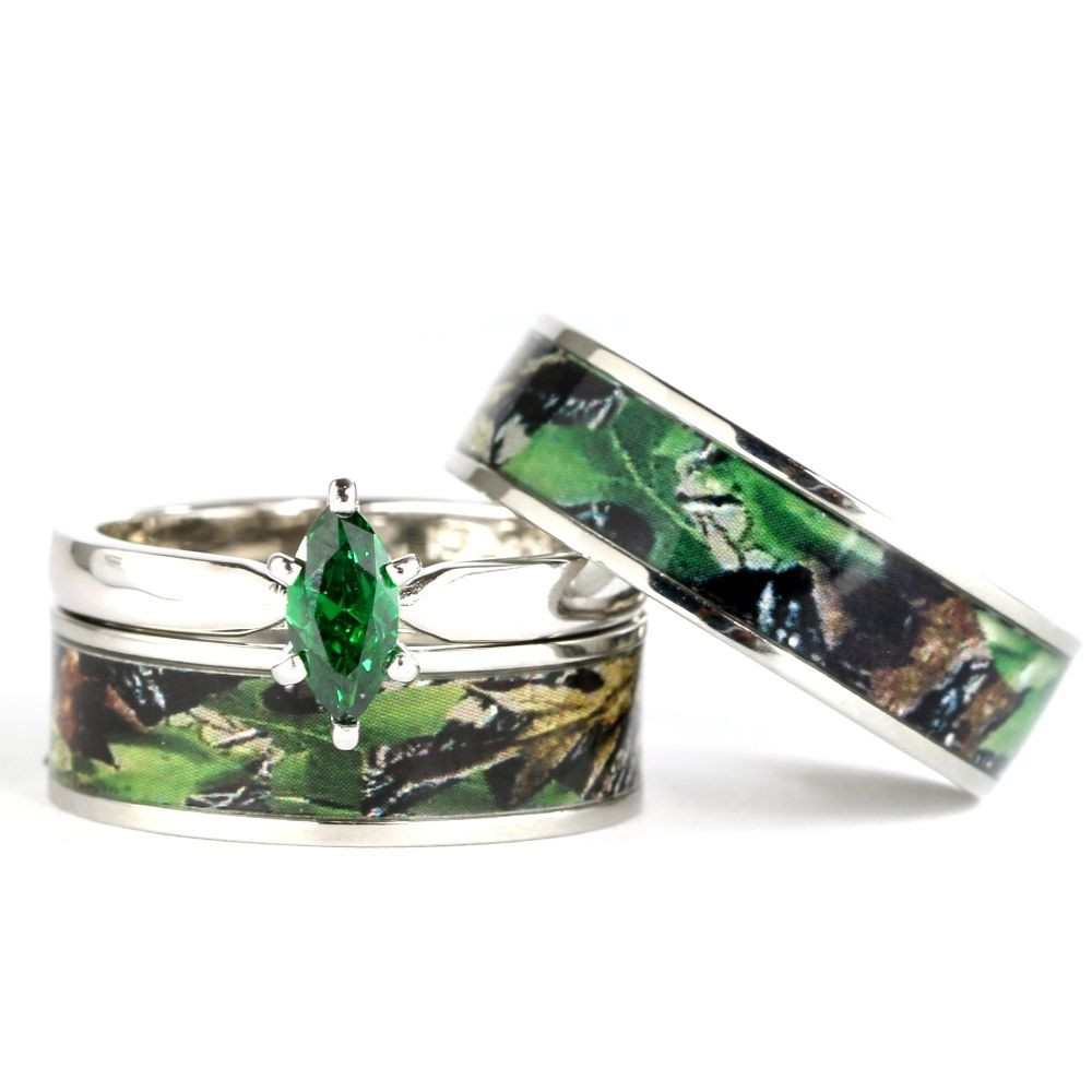 His And Her Camo Wedding Ring Sets
 His & Hers Camo Green Marquis Stainless Steel & Sterling