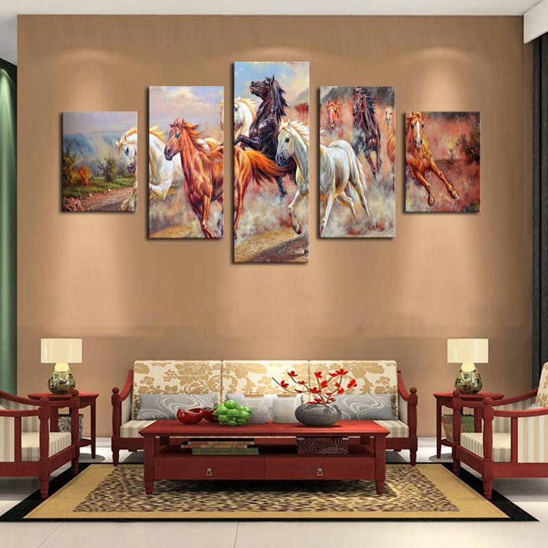 Horse Decor For Living Room
 2017 5 Panel Wall Art Horses Painting Colorful Horse