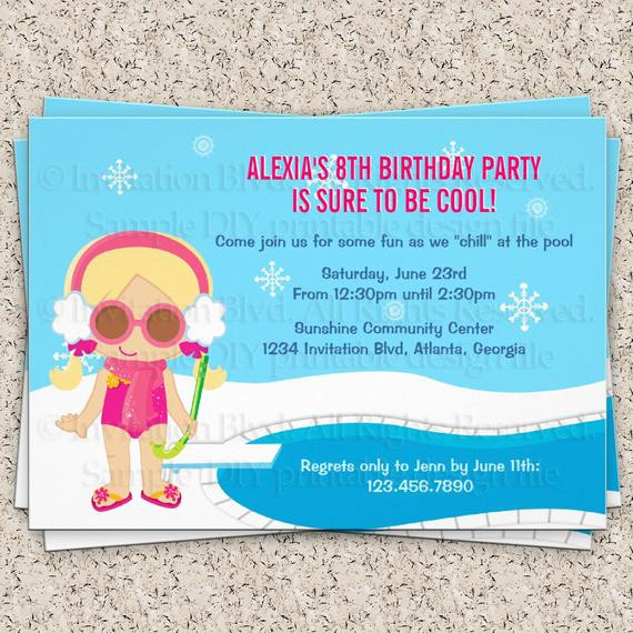 Indoor Pool Party Ideas
 Winter Pool Party Invitation Girl Swim Party by InvitationBlvd