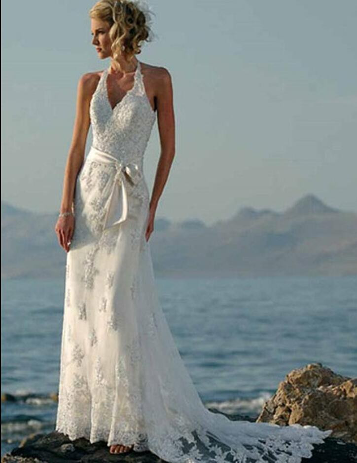 Informal Beach Wedding Dresses
 Beaded Lace Appliques Tulle Vintage Beach Wedding Dresses