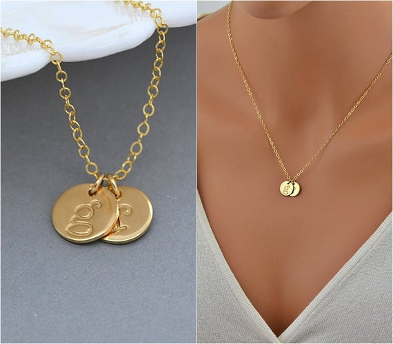 Initial Disc Necklace
 Personalized Disc Necklace Two Initial Necklace Gold or