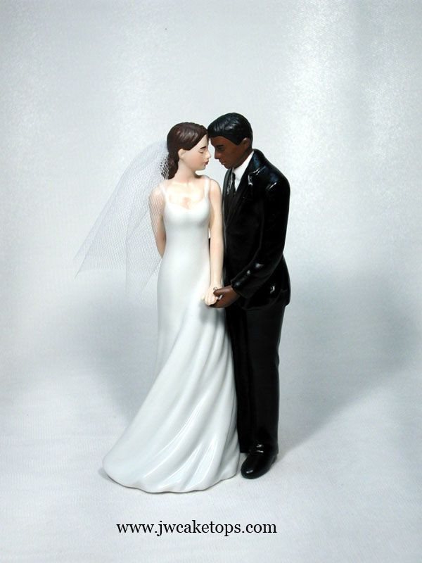 Interracial Wedding Cake Topper
 Wedded Bliss Interracial Dark Brown Groom Caucasian Bride